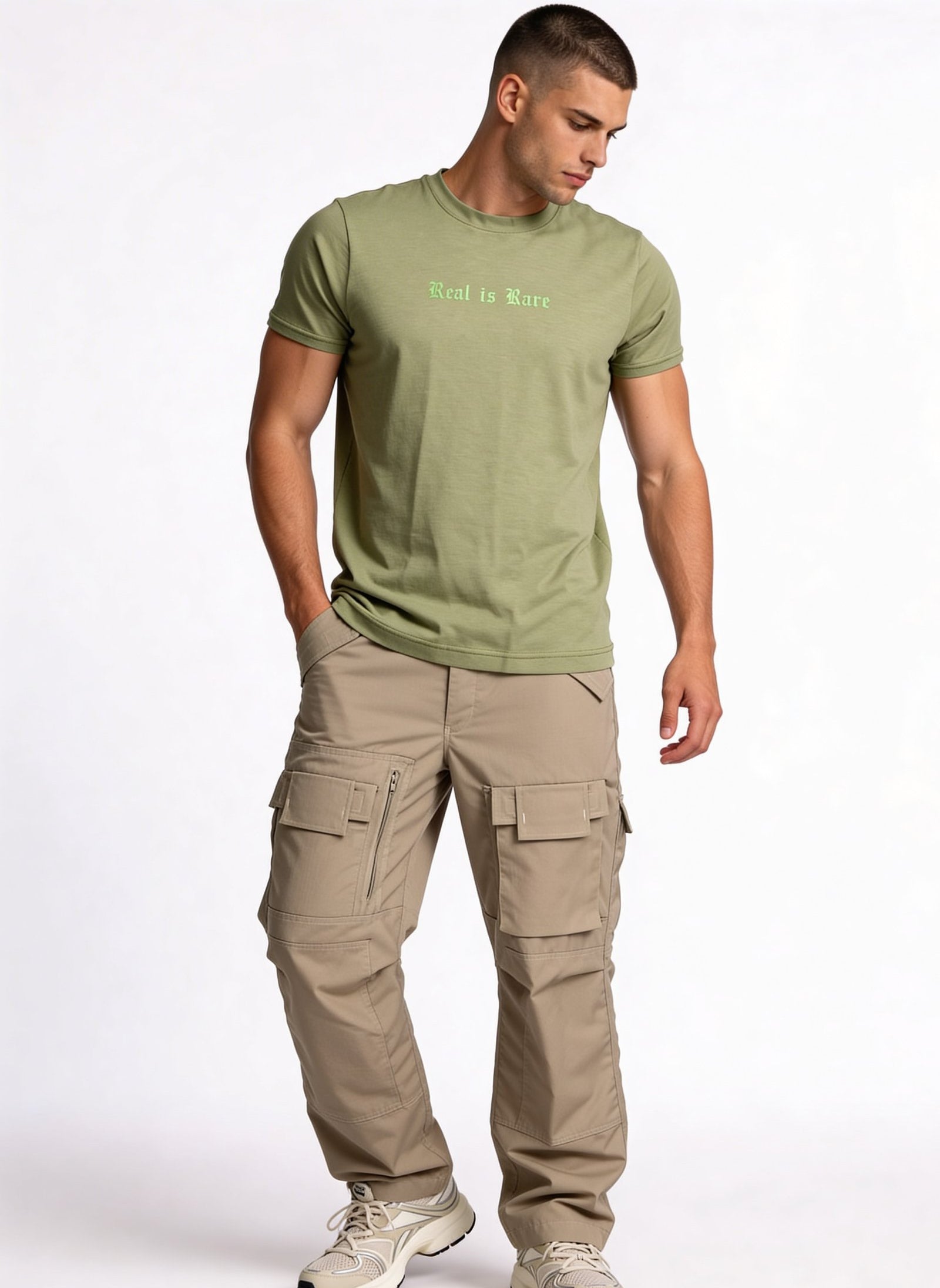 Camiseta de hombre sublimada de color verde con pantalones cargo, estilo casual y moderno.