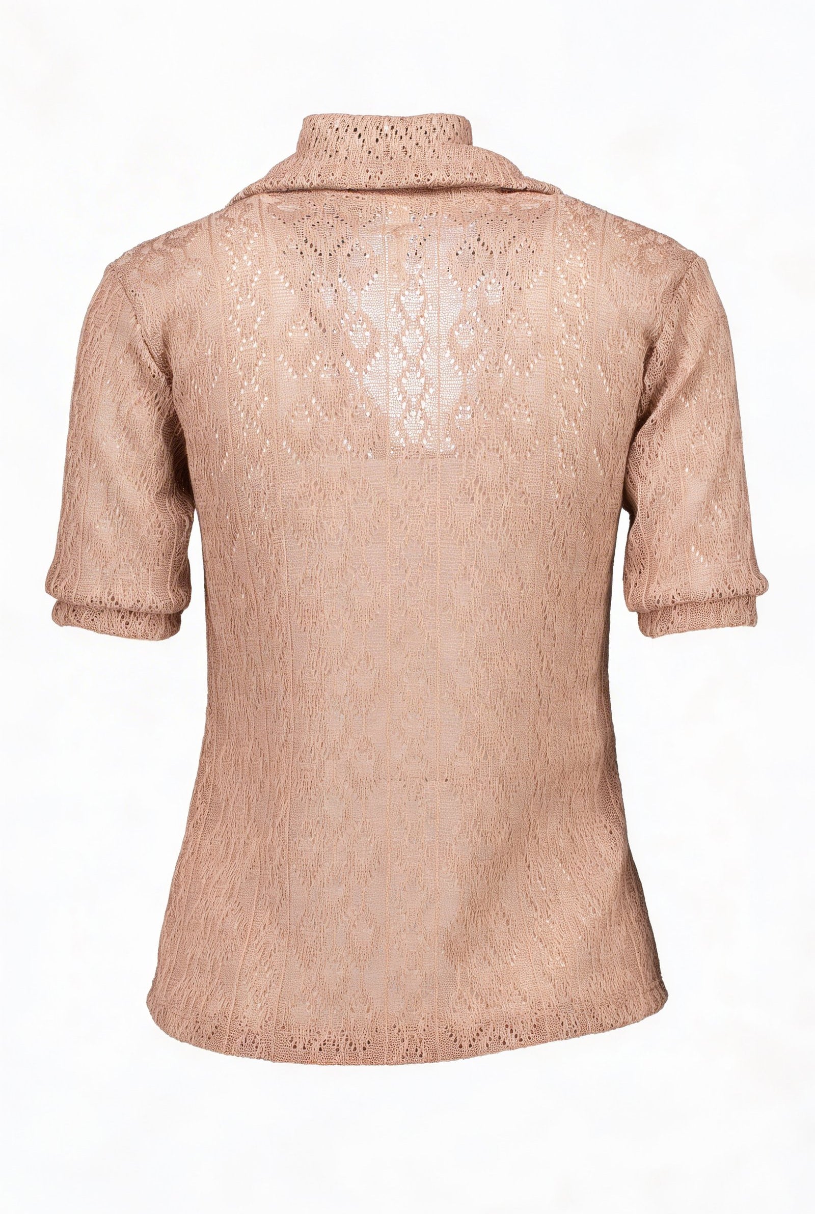 Blusa de dama moda con diseño de encaje, vista trasera, elegante y femenina.