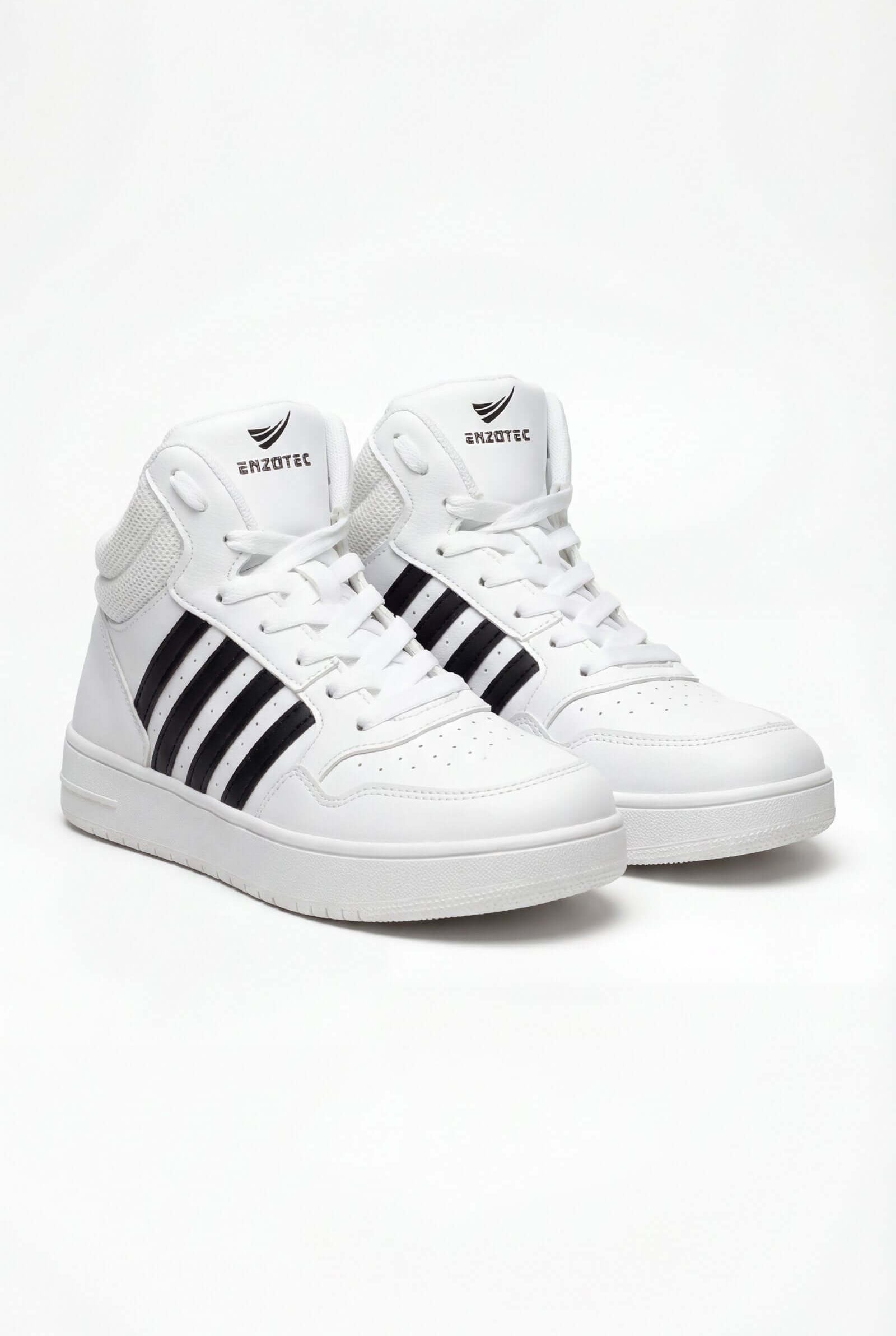 Tenis de dama casual, zapatillas blancas con franjas negras, estilo cómodo y moderno.