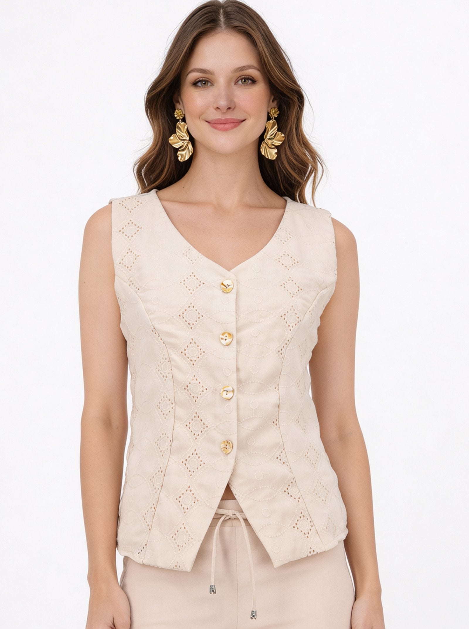 Blusa de dama moda manga sisa, blusa sin mangas de dama con botones y diseño elegante.