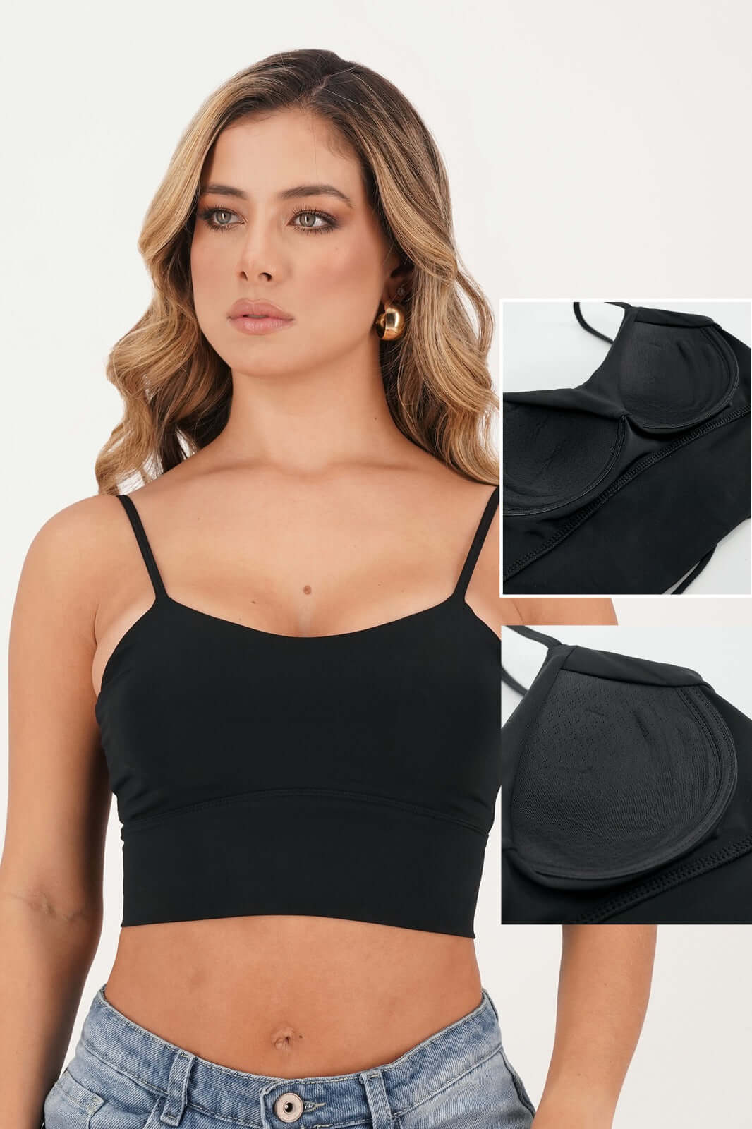Blusas de copa negra con tirantes, comodidad y soporte para realzar tu figura, colección de Surtitodo.