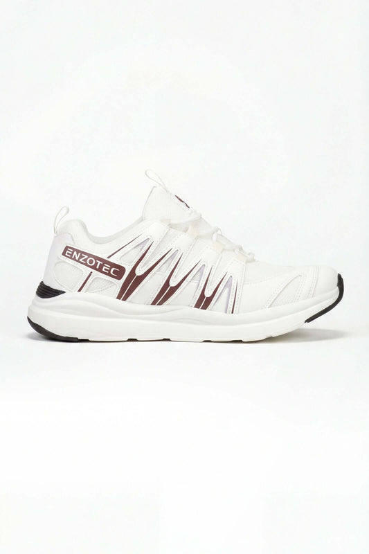 Tenis de hombre deportivo en color blanco con detalles en rojo, ideal para actividades deportivas.