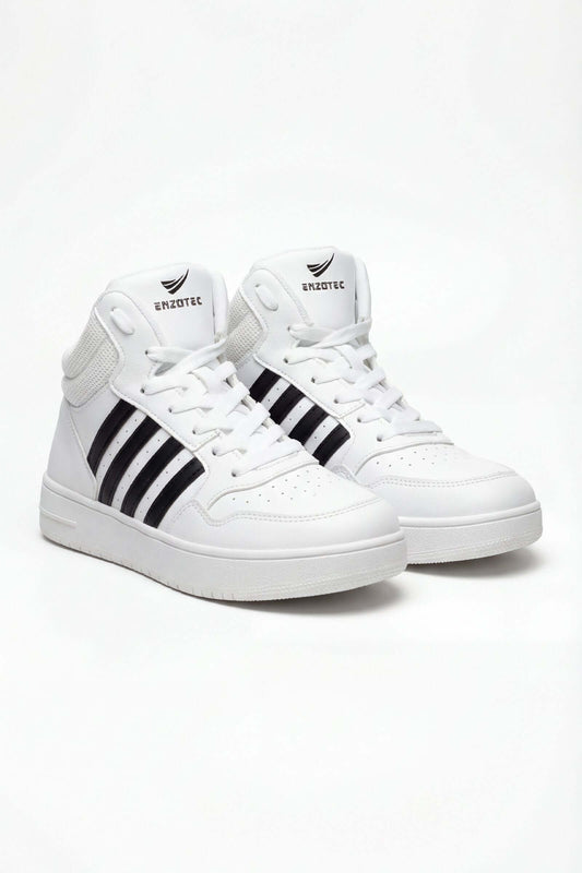 Tenis de dama casual, zapatillas blancas con franjas negras, estilo cómodo y moderno.