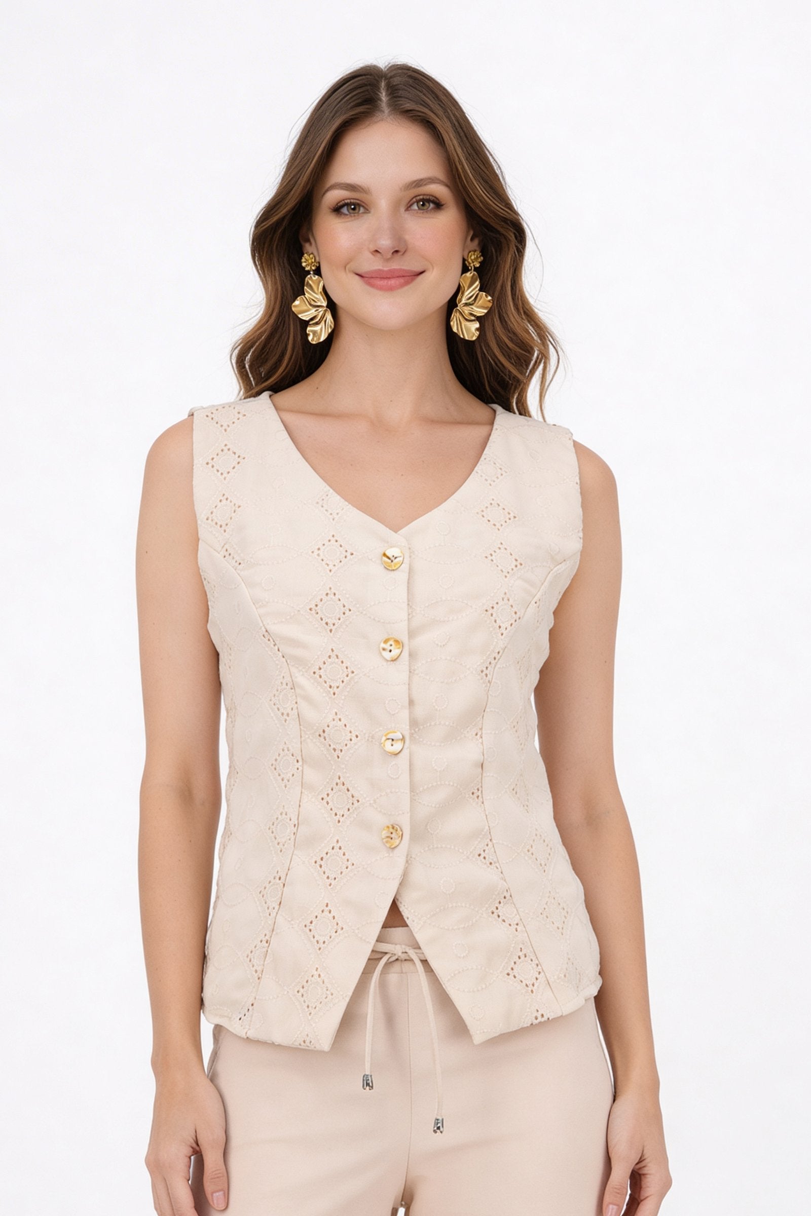 Blusa de dama moda manga sisa, blusa sin mangas de dama con botones y diseño elegante.