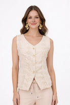 Blusa de dama moda manga sisa, blusa sin mangas de dama con botones y diseño elegante.